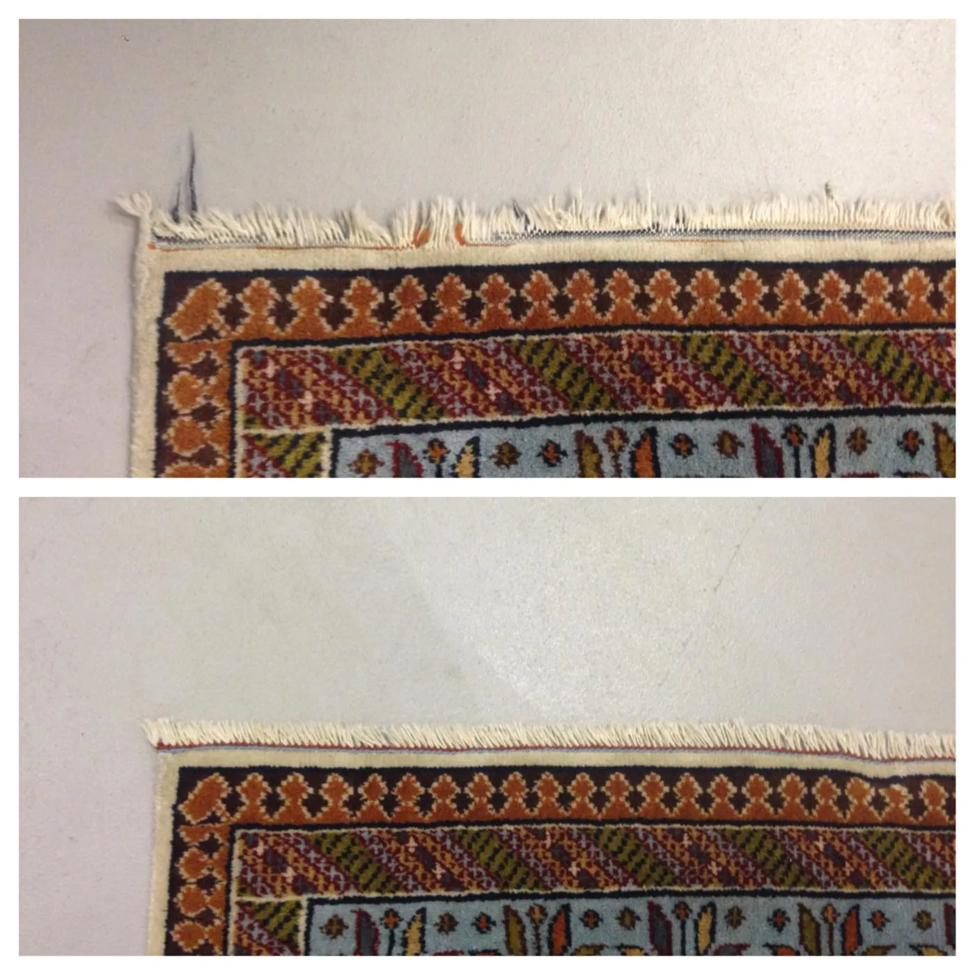 Before and after of a rug end: ragged worn fringe above, clean secured fringe below