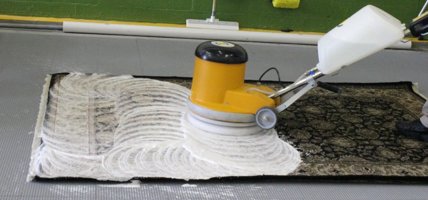Rotary machine working shampoo through an area rug on the wash floor
